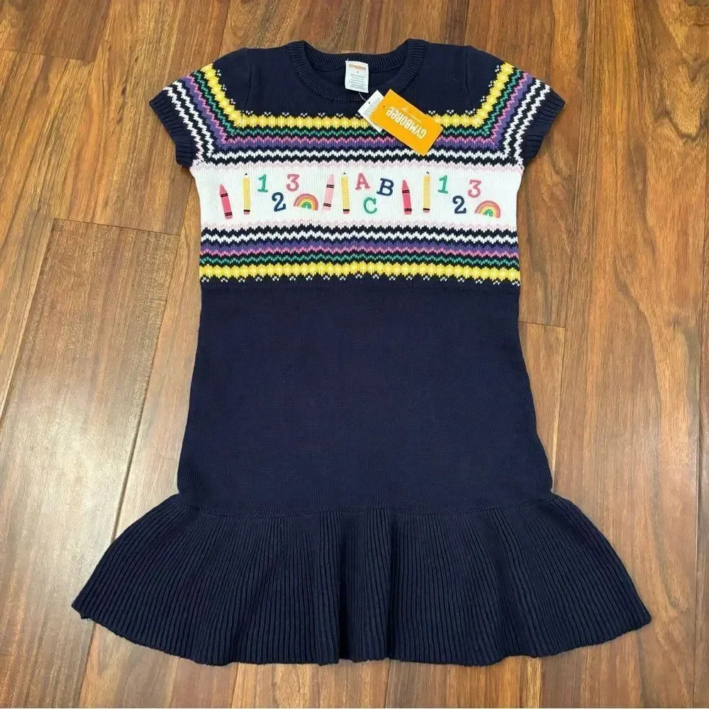Gymboree Girls Intarsia School Supplies Peplum Short Sleeve Sweater Dress NWT